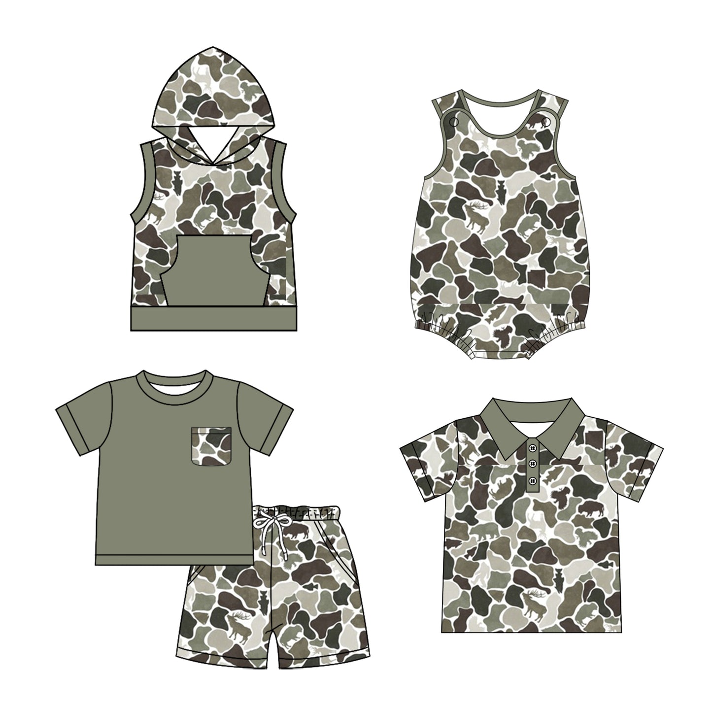 1.23 custom each style moq 5eta 4-6week Sibling Sister camouflage baby girl sets and boy rompers 1 and romper 2 and top match family design