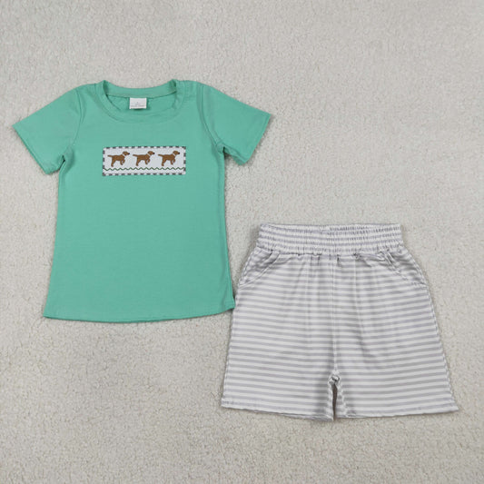 RTS NO MOQ（In Stock) BSSO1688 Embroidered puppy blue-green striped short-sleeved shorts set