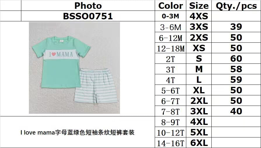 BSSO0751 I love mama lettering teal short-sleeved striped shorts suit