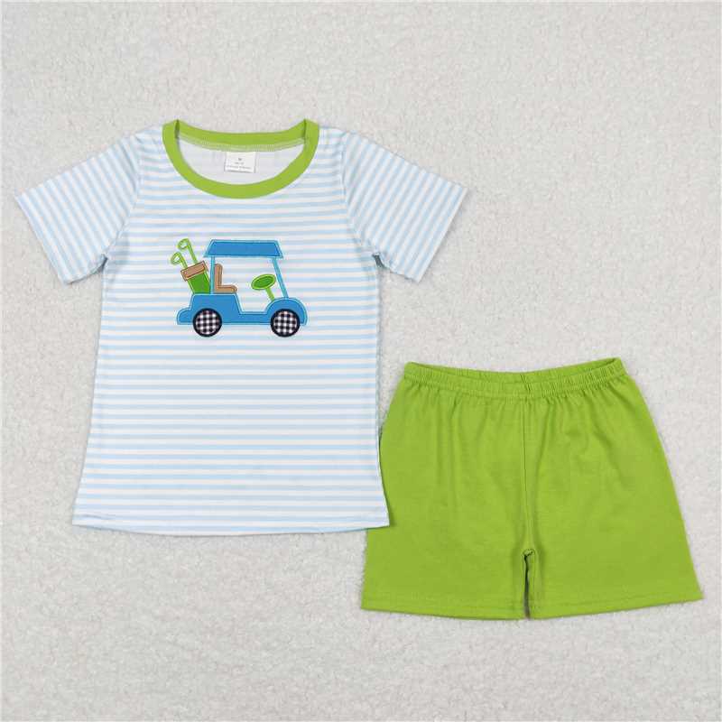 RTS NO MOQ（In Stock) BSSO0394 Embroidered golf cart blue and white striped green short sleeve shorts set