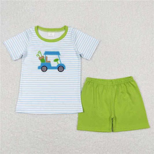 RTS NO MOQ（In Stock) BSSO0394 Embroidered golf cart blue and white striped green short sleeve shorts set