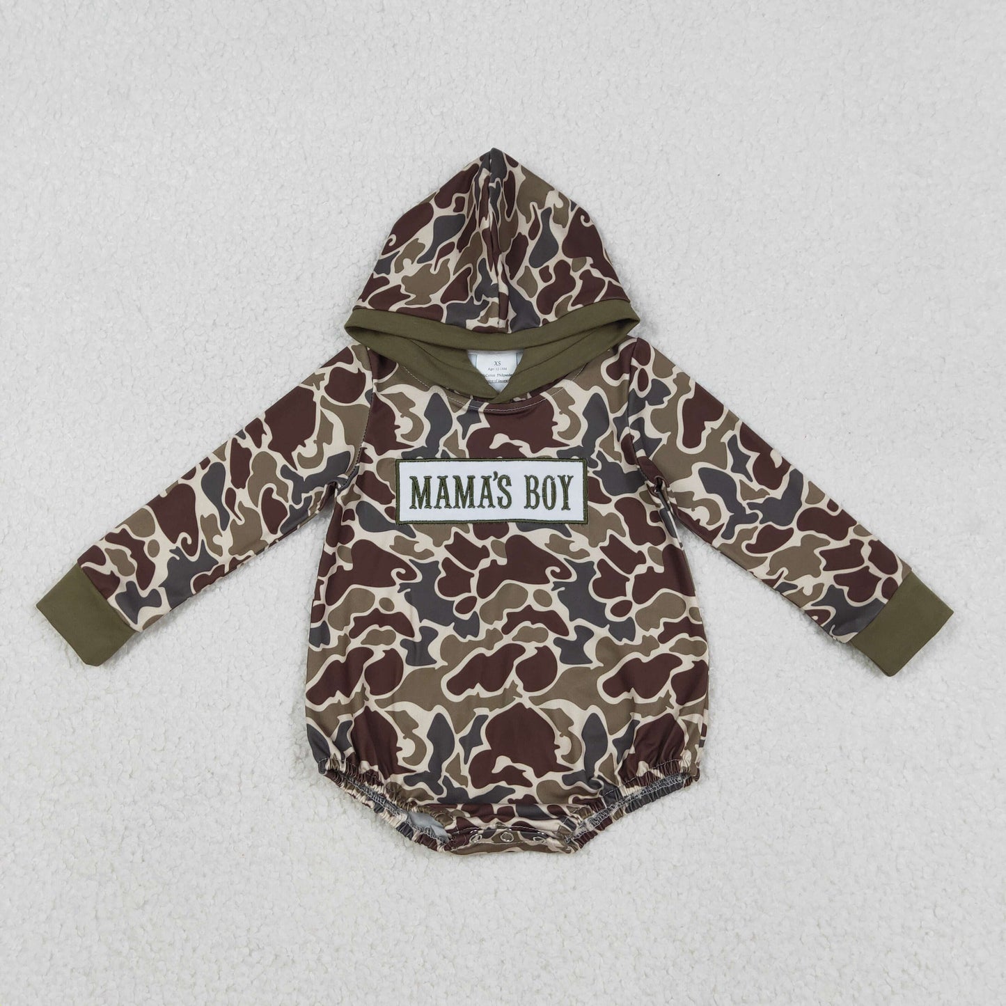 RTS NO MOQ（In Stock) Embroidered Mama's Boy Brown-Green Camouflage Hooded Long-Sleeve Jumpsuit