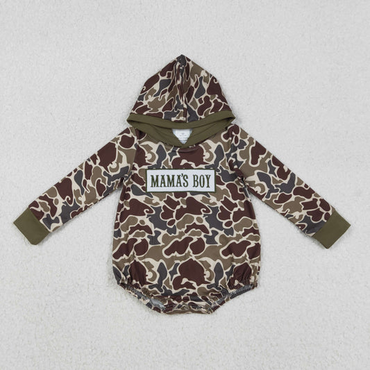 RTS NO MOQ（In Stock) Embroidered Mama's Boy Brown-Green Camouflage Hooded Long-Sleeve Jumpsuit