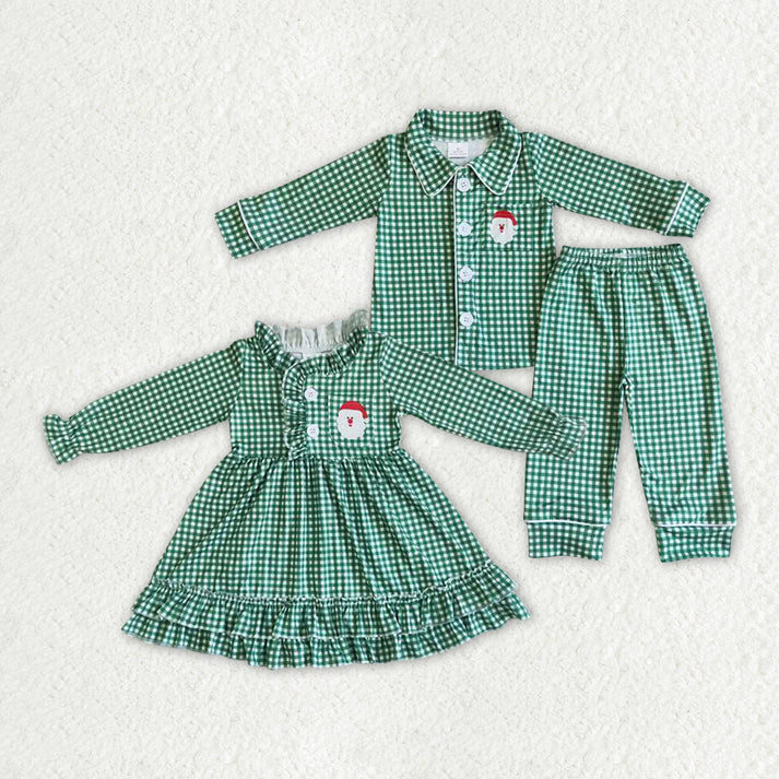 RTS NO MOQ Baby Girls Embroidered Santa Claus Green Plaid Pajama Dress Set