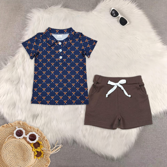RTS NO MOQ BT1120+SS0134 baby boy clothes navy blue short-sleeved top Brown pocket shorts sets