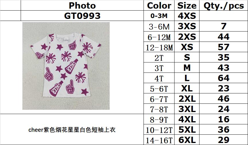 RTS NO MOQ（In Stock) GT0993 Cheer purple fireworks star white short sleeve top