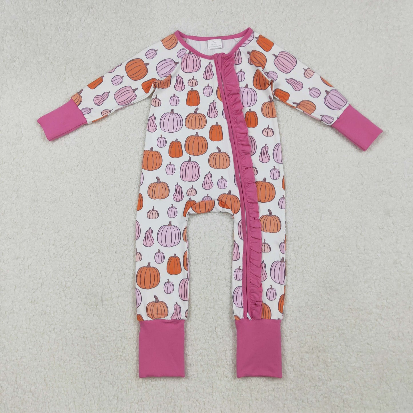RTS NO MOQ（In Stock) LR2566 Pumpkin pattern pink and white zip-up long-sleeved bodysuit