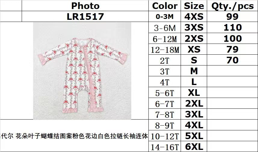 bamboo rts no moq LR1517 Modal flower leaf bow pattern pink lace white zipper long-sleeved jumpsuit