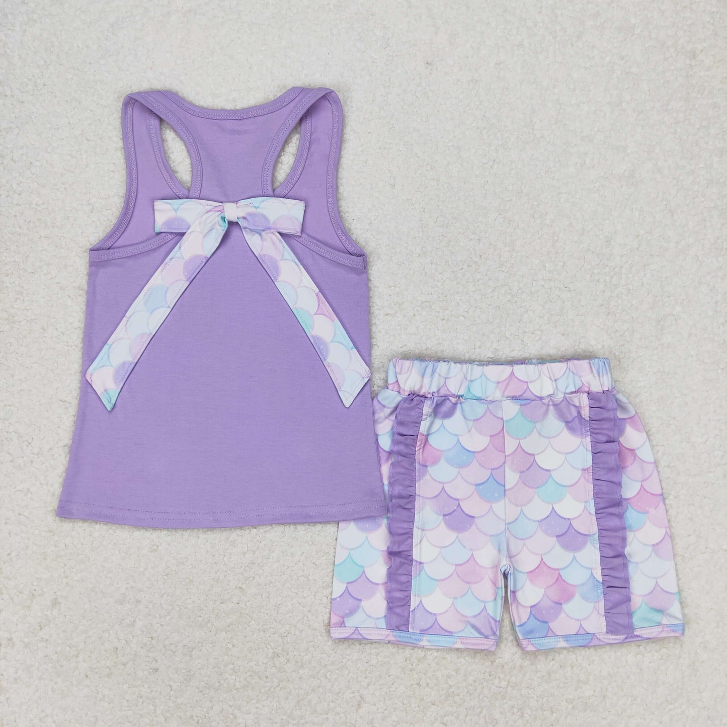 rts no moq GSSO1060 Mermaid scale bow solid color sleeveless blue and purple lace shorts set