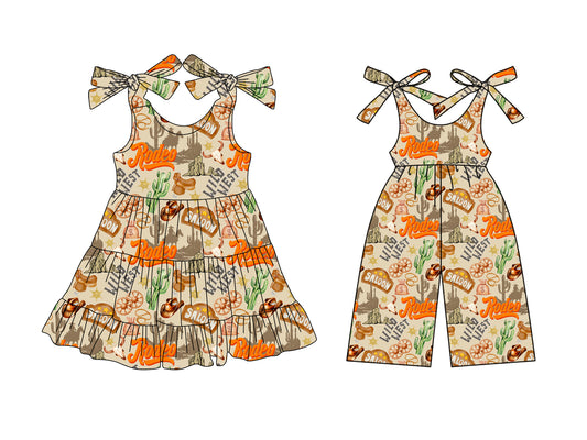 3.17 custom each style moq 5eta 4-6week Sibling Sister RODEO baby girl short sleeve dresses and jumpsuit match design