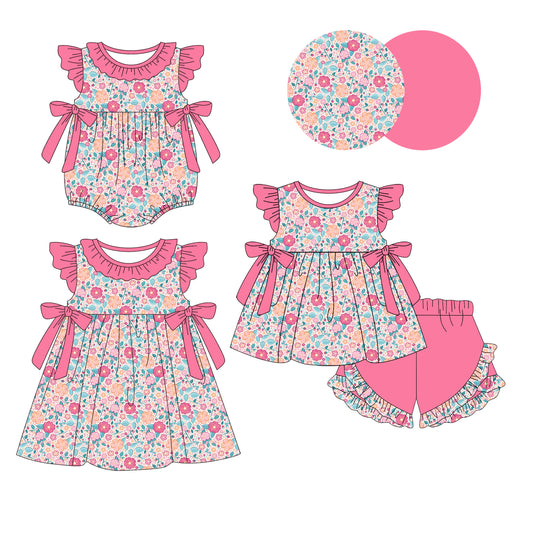 1.9 custom each style moq 5eta 4-6week Sibling Sister floral baby girl short sleeve shorts sets and dress and rompers match family design