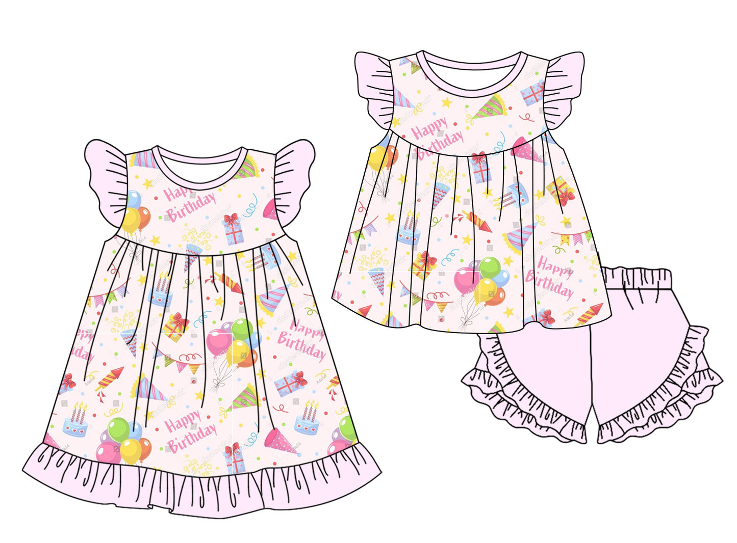 1.13 custom each style moq 5eta 4-6week Sibling Sister HAPPY BIRTHDAY baby girl short sleeve shorts sets and dresses match design