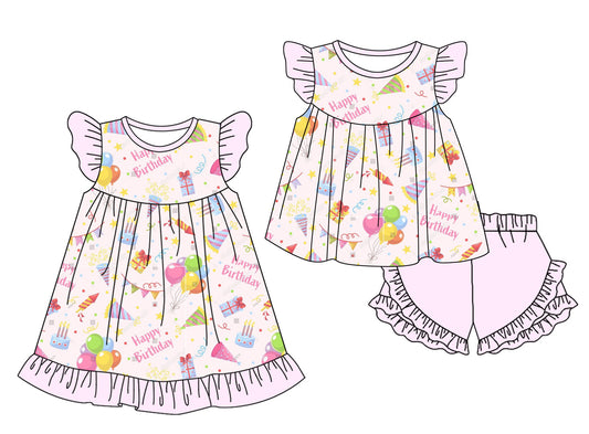 1.13 custom each style moq 5eta 4-6week Sibling Sister HAPPY BIRTHDAY baby girl short sleeve shorts sets and dresses match design