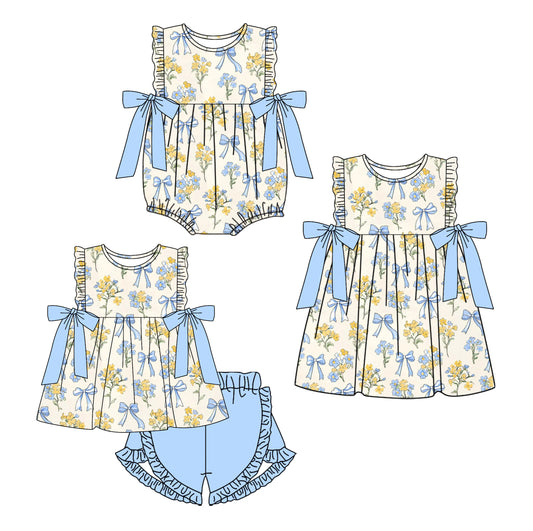 2.14 custom each style moq 5eta 4-6week Sibling Sisters bow floral baby girl short sleeve shorts sets and dress and rompers match family design