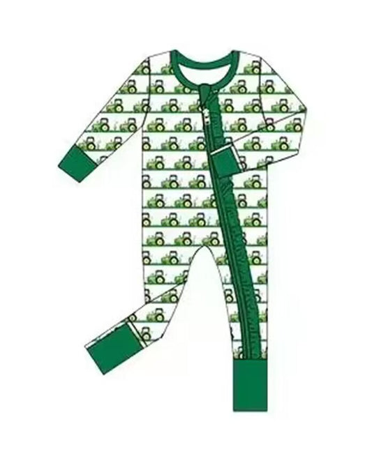 5.16custom each style moq 5eta 4-5week Sibling Sister Agricultural vehicles print green boys and girls outfits and baby romper match family design