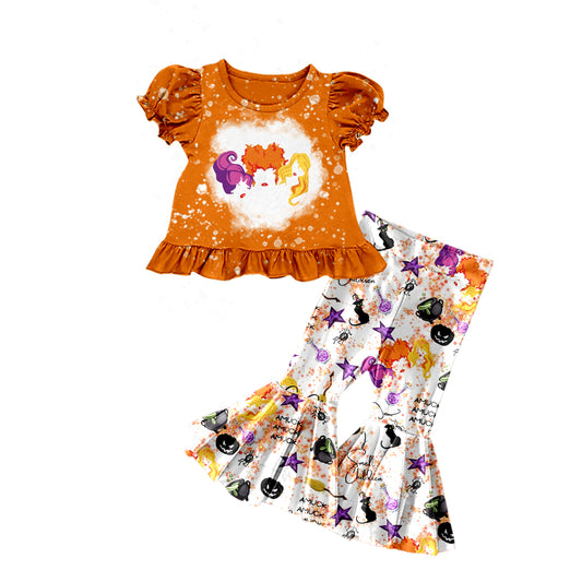 5.1 custom moq 5 eta 4-5weeks cartoon avatar prints orange top with cartoon avatar prints white long bell-bottom pants