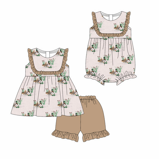 1.23 custom each style moq 5eta 4-6week Sibling Sister duck baby girls short sleeve shorts sets and romper match design