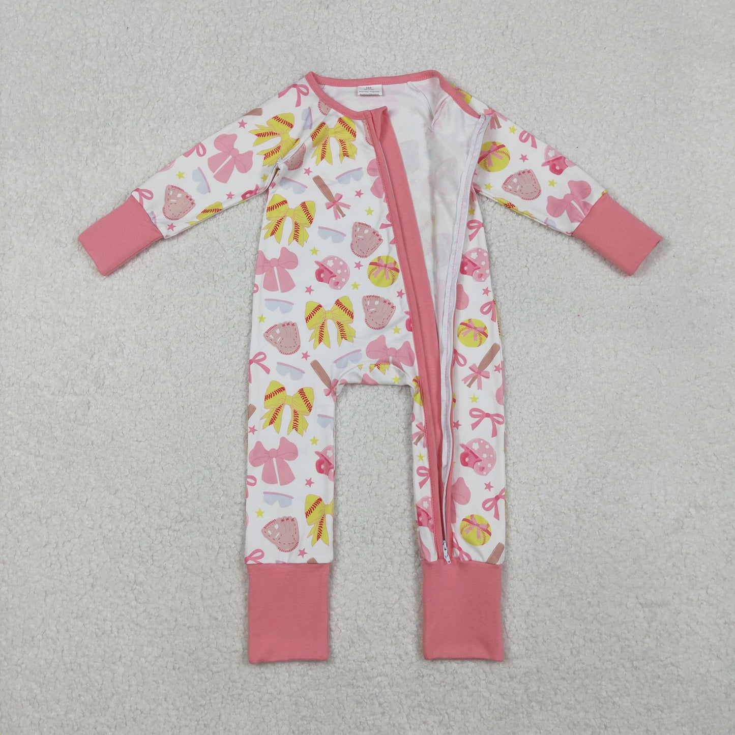 RTS NO MOQ（In Stock) LR2705 Softball Bow Printed Long-Sleeved Zippered Bodysuit in Pink and White