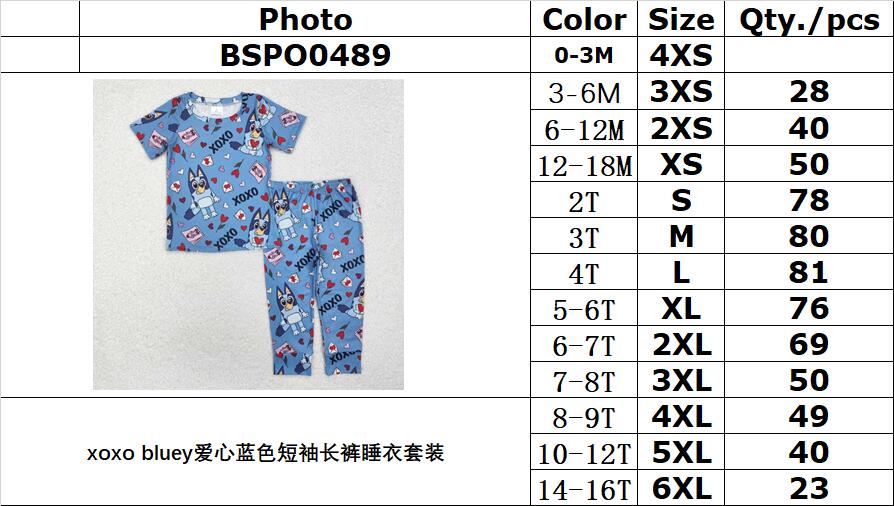 RTS NO MOQ ETA 5/7days Arrived BSPO0489 xoxo bluey heart blue short-sleeved long pants pajama set