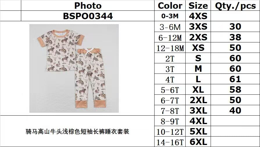 BSPO0344 Horseback Riding Alpine Cow Head Light Brown Short Sleeve Long Pants Pajama Set