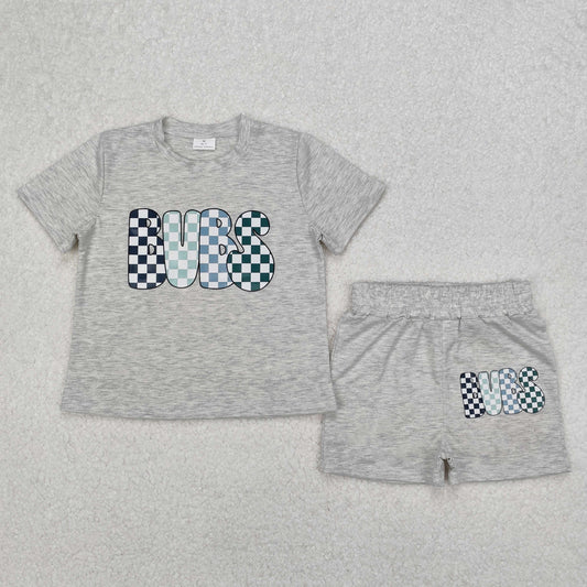 RTS NO MOQ ETA 5/7days Arrived BSSO1304 offset bubs color plaid letters gray short-sleeved shorts set