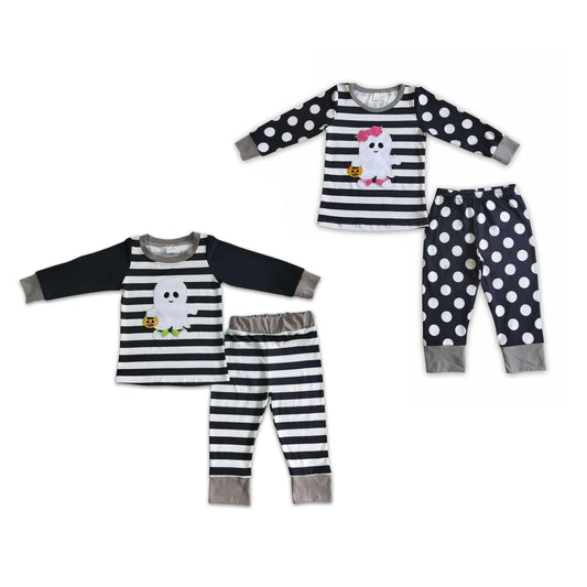 RTS NO MOQ Embroidered ghost holding a pumpkin black and white striped boys and girls long suit