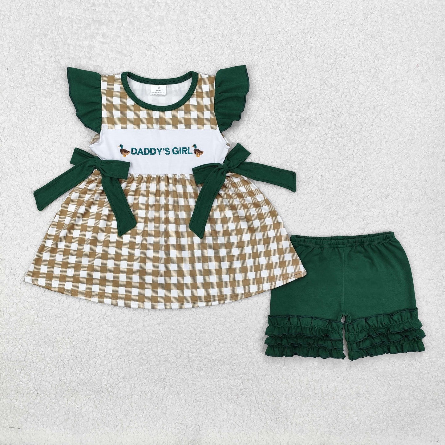 RTS NO MOQ ETA 5/7days Arrived GSSO1646 Embroidered daddy's girl duck green lace butterfly plaid flying sleeve shorts suit