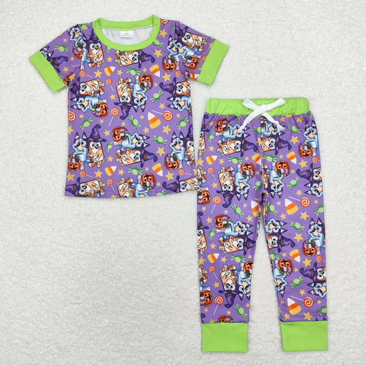 RTS no moq BSPO0409 bluey Halloween candy star purple green short-sleeved trousers pajama set