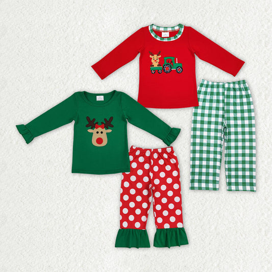 RTS NO MOQ BLP0611 GLP1301 Embroidered Reindeer Green Lace Long Sleeve Red Striped Pants Pajama Set