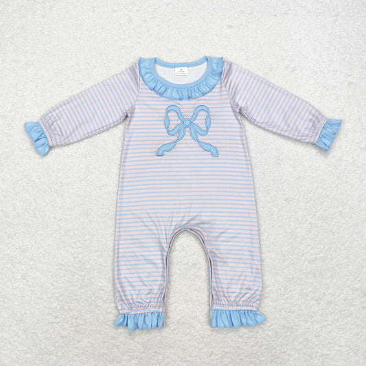 rts no moq LR1378 Embroidered blue striped bow pattern lace pink long sleeve jumpsuit