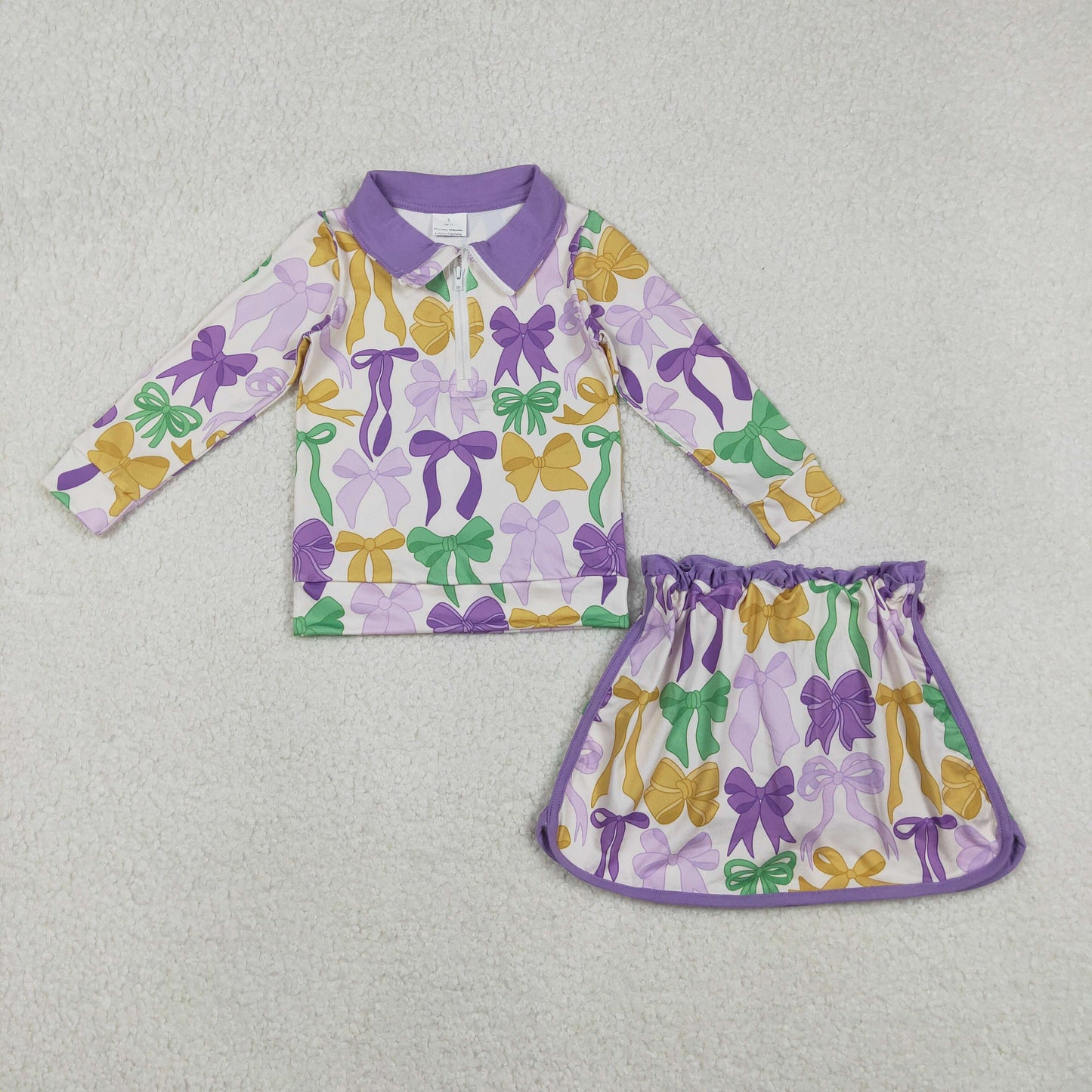 RTS NO MOQ（In Stock) GLD1333 Carnival bow pattern purple zip-up long-sleeved skirt set