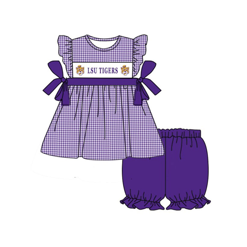 Deadline September 24  custom no moq  eta 6-8weeks Purple Plaid Bowknot Flying Sleeve Top and Bloomers Shorts Set