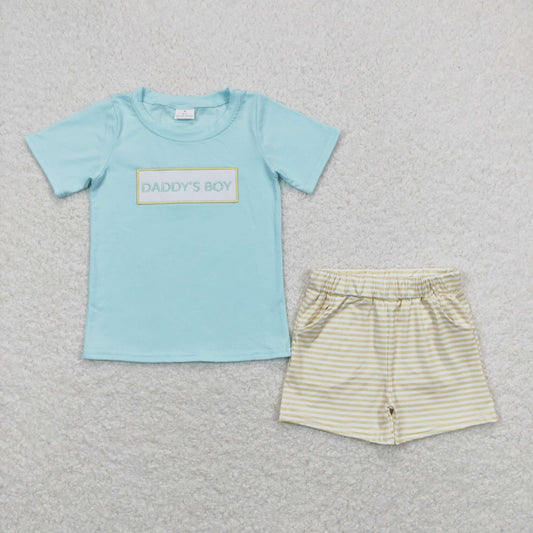 BSSO0522 daddy's boy blue short-sleeved yellow striped shorts suit with embroidered letters’