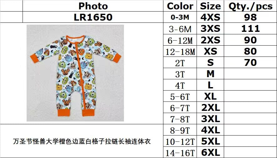 RTS NO MOQ ETA 5/7days LR1650 Halloween Monsters University Orange Edge Blue and White Plaid Zipper Long Sleeve Jumpsuit