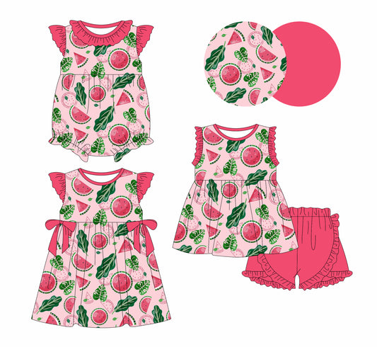 1.20 custom each style moq 5eta 4-6week Sibling Sisters watermelon baby girl short sleeve shorts sets and dress and rompers match family design