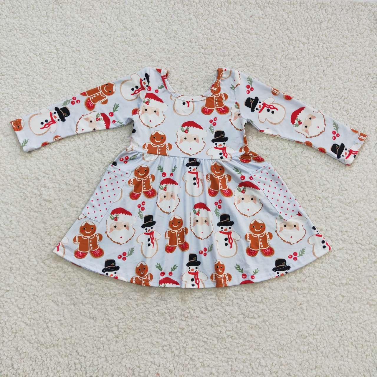 GLD0367 Snowman Santa Gingerbread Man Pocket Long Sleeve Dress