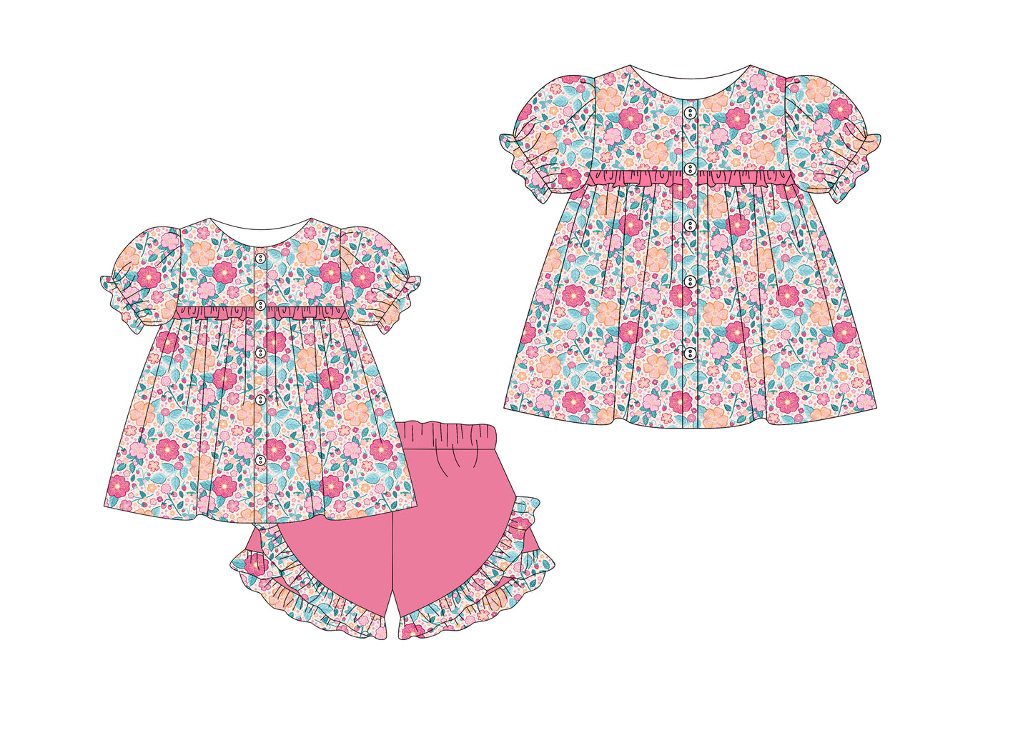 1.9 custom each style moq 5eta 4-6week Sibling Sister floral baby girl short sleeve shorts sets and dresses match design