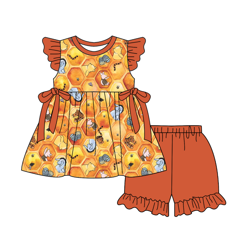 Custom moq 5 mix size milk silk baby girl boy clothes cartoon short sleeve shorts sets 2 and dresses and top