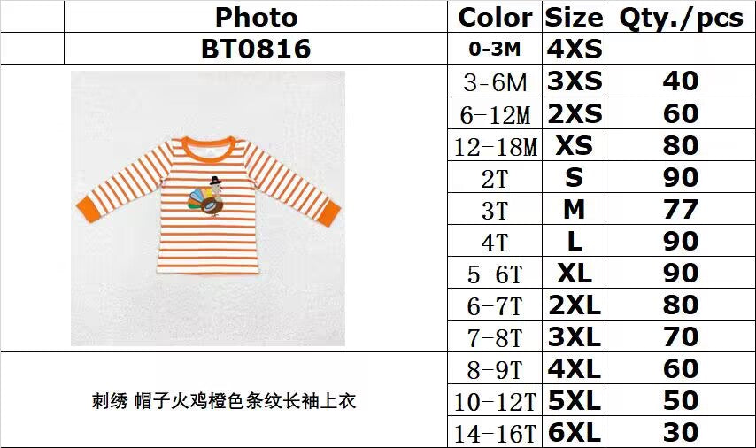 RTS NO MOQ ETA 5/7days BT0816 Embroidered hat turkey orange striped long-sleeved top