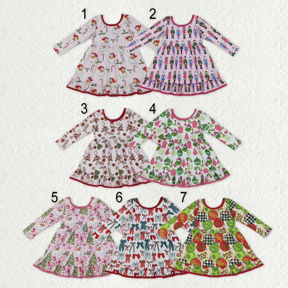12/18m-7/8t RTS Sibling baby girls clothes Christmas cartoon long sleeve dresses