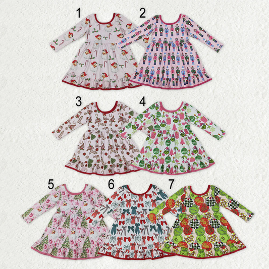 12/18m-7/8t RTS Sibling baby girls clothes Christmas cartoon long sleeve dresses