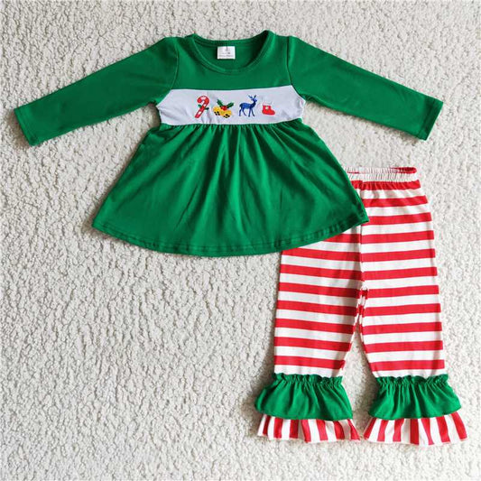 RTS NO MOQ（In Stock ) GLP0166 Embroidered Chistmas long sleeve pants set