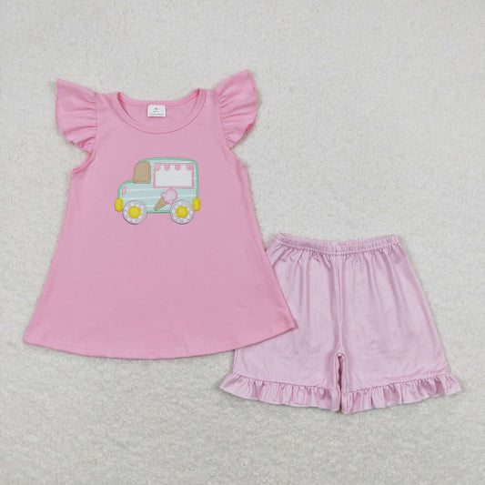 GSSO0508 Embroidered ice cream truck pink flying sleeve striped shorts suit