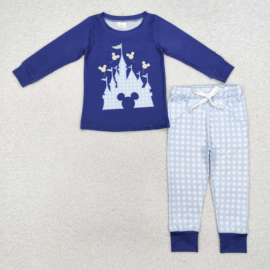 RTS NO MOQ ETA 5/7days Arrived BLP0753 Mickey Castle navy blue long-sleeved plaid trousers set
