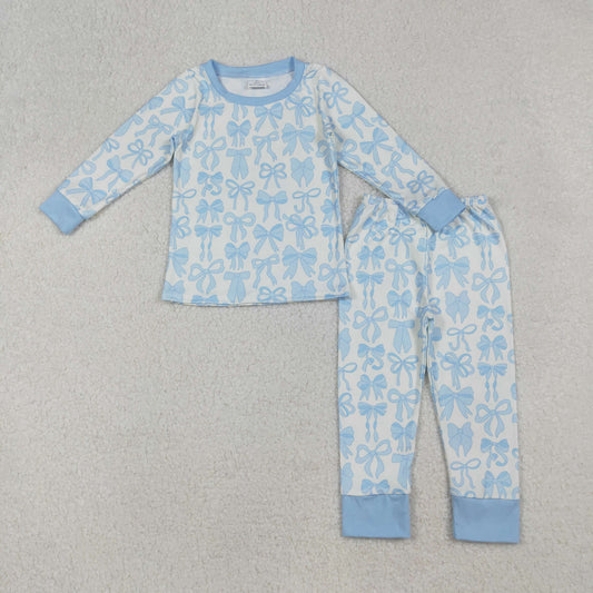RTS NO MOQ（In Stock) GLP2724 Light blue bow pattern long-sleeved and white trouser pajama set
