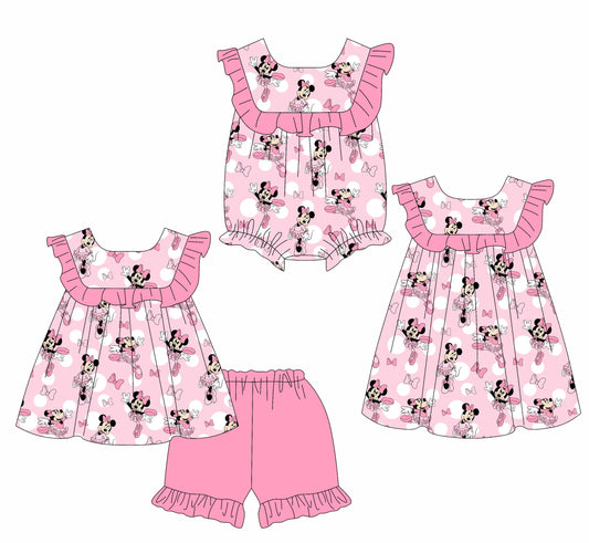 2.8 custom each style moq 5eta 4-6week Sibling Sisters minnie baby girl short sleeve shorts sets and dress and rompers match family design