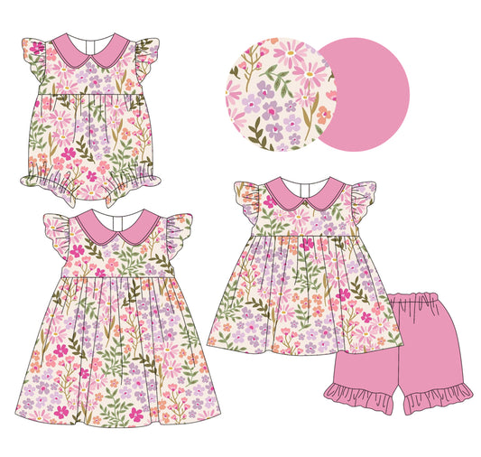 1.9 custom each style moq 5eta 4-6week Sibling Sister floral baby girl short sleeve shorts sets and dress and rompers match family design