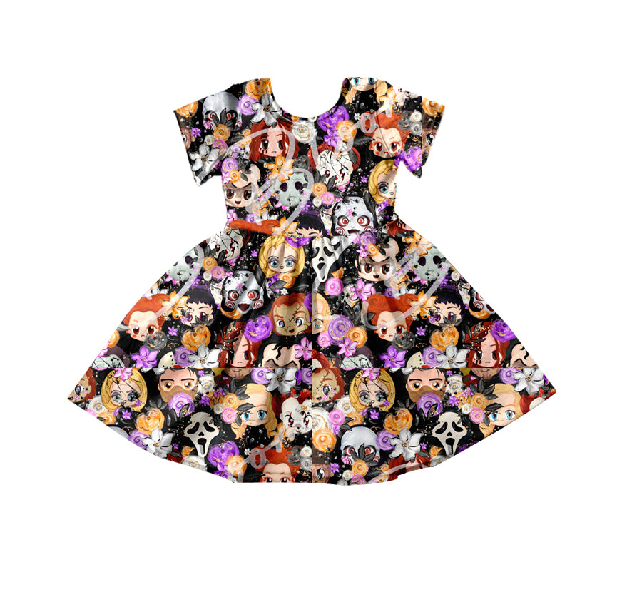 5.2custom each style moq 5eta 4-5week Sibling Sister Halloween scary cartoon character prints black girls jumpsuits and dress and baby romper match family design