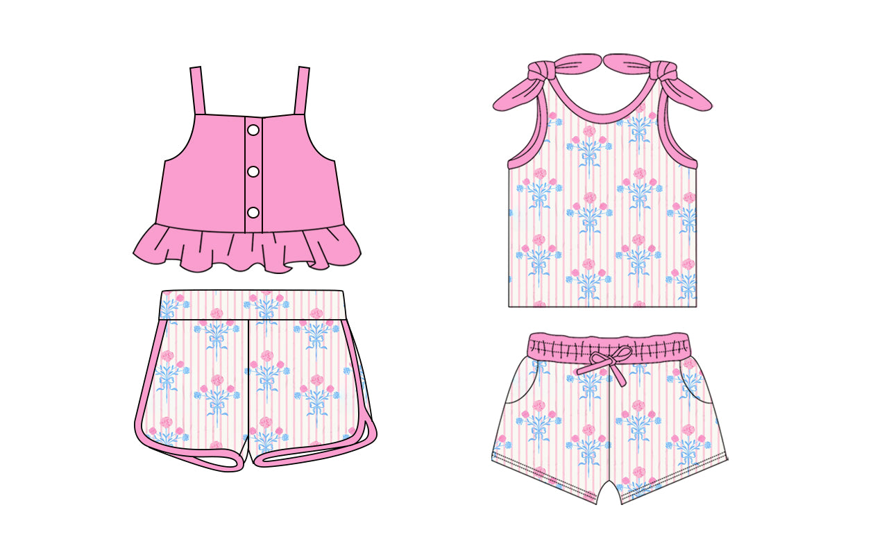 1.20 custom each style moq 5eta 4-6week Sibling Sister floral baby girls short sleeve shorts sets and set 2 match design