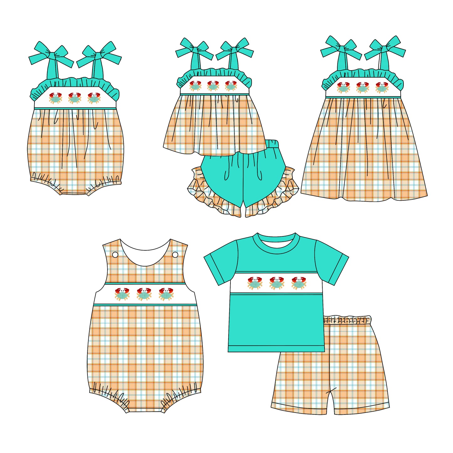 1.13 custom each style moq 5eta 4-6week Sibling Sister crab baby girl short sleeve shorts sets and sets 2 and boy romper and girl romper and dress match design